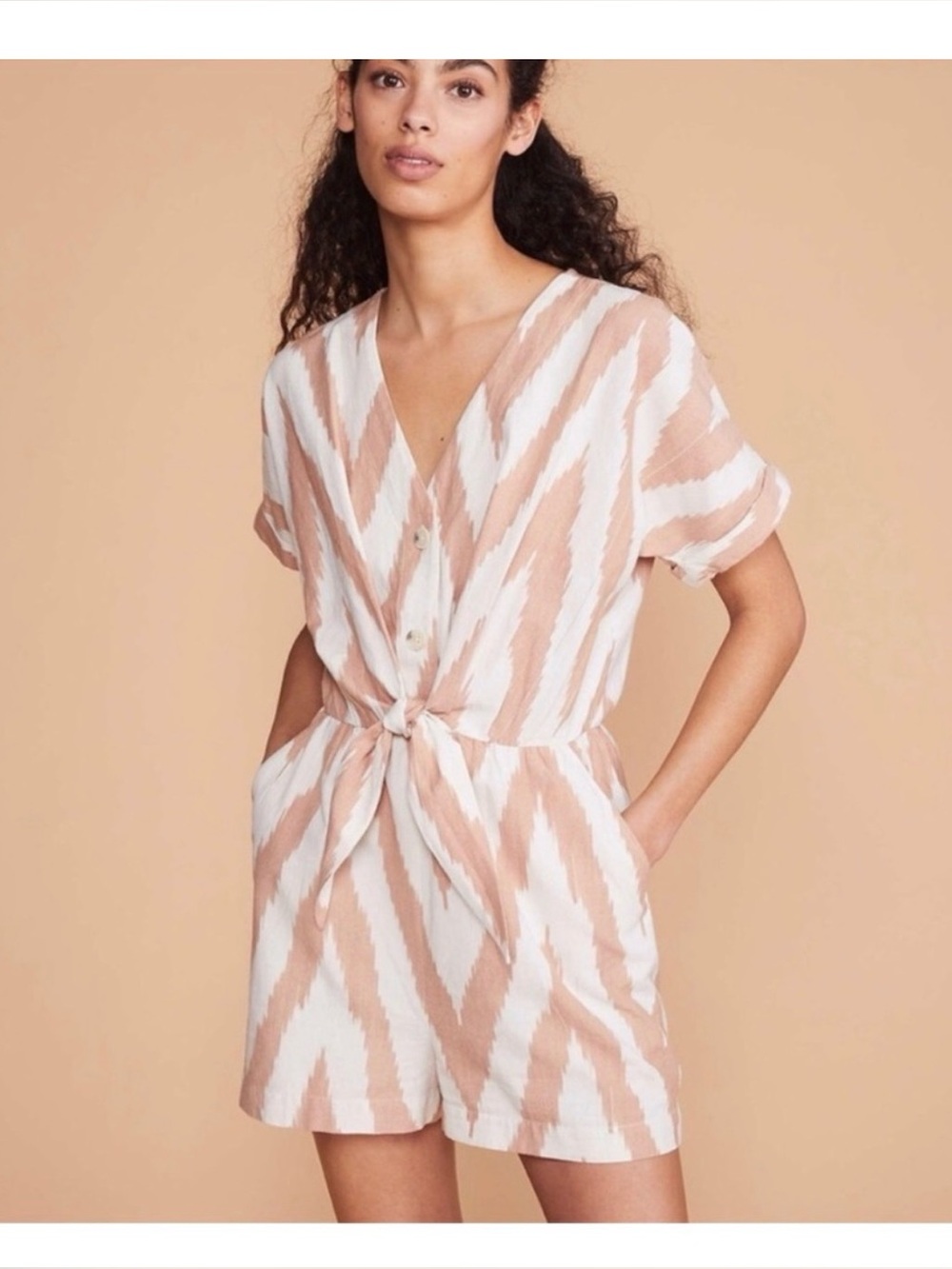 Lou & Grey Earthy Stripe Button Front Romper in Blush & Cream NWT